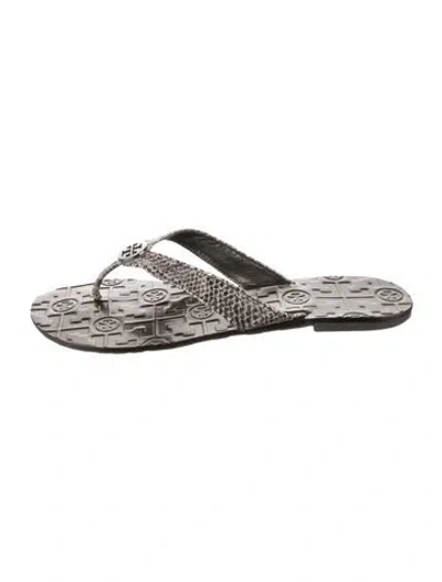 Pre-owned Tory Burch Snakeskin Animal Print Flip Flops In Black
