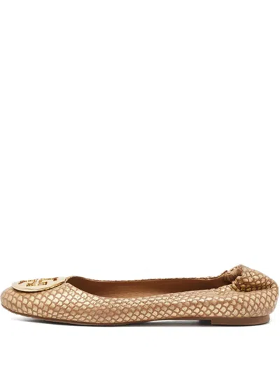 Pre-owned Tory Burch Snakeskin Emblem Ballet Flats In Brown