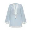 Tory Burch Light Blue Kaftan With V-neck And Pendant On The Front In Silk And Viscose Blend Woman In Light Blue Sky