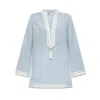 Tory Burch Light Blue Kaftan With V-neck And Pendant On The Front In Silk And Viscose Blend Woman In Light Blue Sky