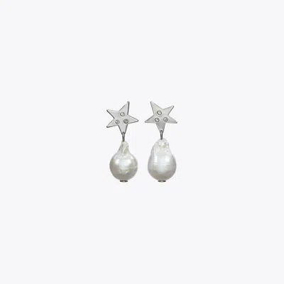 Tory Burch Star Pearl Drop Earring In Tory Silver/pearl/crystal