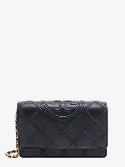 Tory Burch Stitched Leather Shoulder Bag With Embossed Logo In Black
