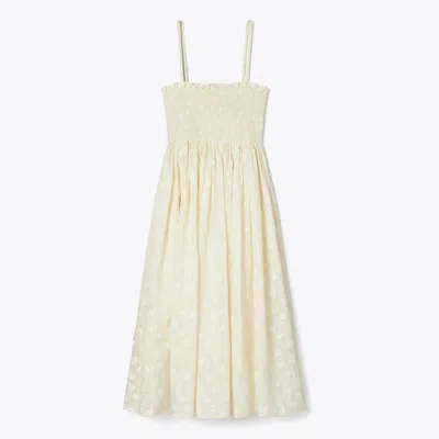 Tory Burch Strapless Smocked Silk Dress In Beige Scatter Daisy