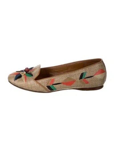 Pre-owned Tory Burch Straw Graphic Print Loafers In Neutrals
