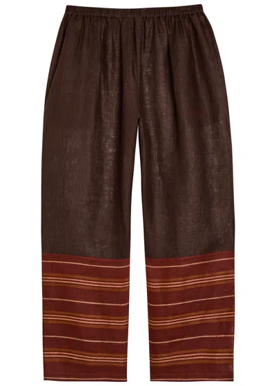 Tory Burch Stripe-trimmed Semi-sheer Linen Trousers In Brown