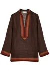 Tory Burch Stripe-trimmed Semi-sheer Linen Tunic In Brown