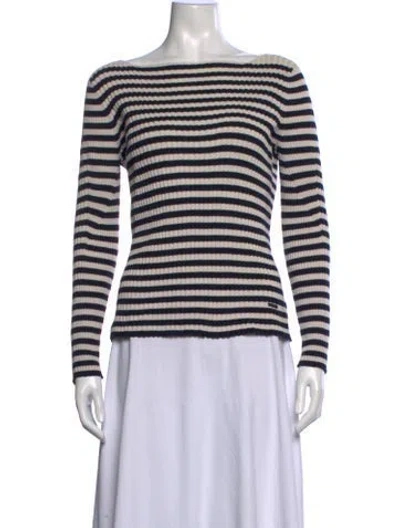 Pre-owned Tory Burch Striped Bateau Neckline Sweater In Blue/white
