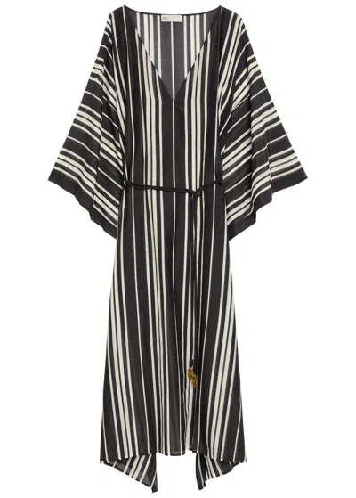 Tory Burch Striped Belted Cotton-blend Kaftan Dress In Black