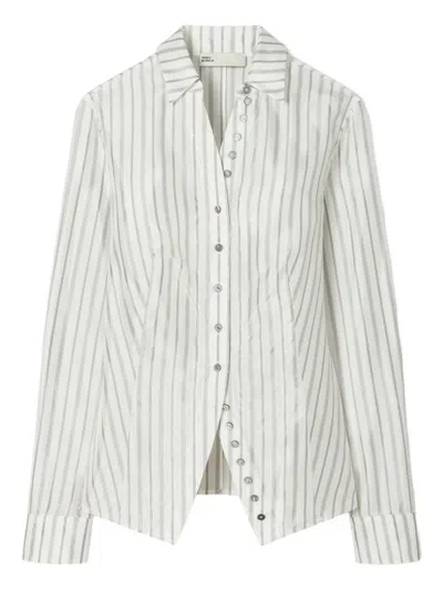 TORY BURCH STRIPED CINCHED BUTTON-DOWN TOP