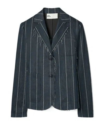 TORY BURCH PINSTRIPE FRAYED-EDGE BLAZER