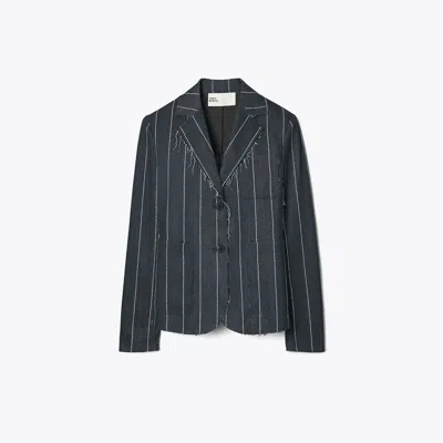 Tory Burch Striped Cotton Blazer In Blue