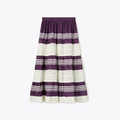 Tory Burch Striped Cotton Midi Skirt In Deep Purple