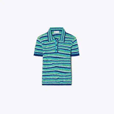 Tory Burch Striped Cotton Polo In Blue