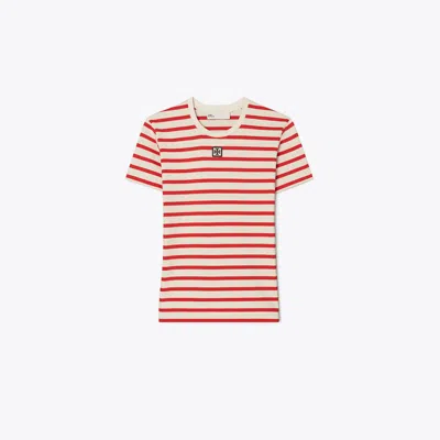 Tory Burch Striped T-shirt With Logo Detail In Red