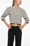 Tory Burch Striped Crew-neck T-shirt With Draped Sleeve In Multi
