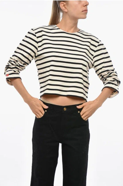 TORY BURCH STRIPED CREW-NECK T-SHIRT WITH DRAPED SLEEVE