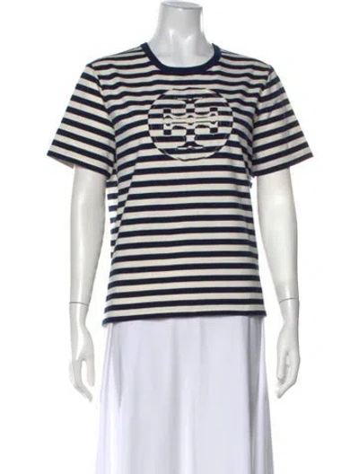 Pre-owned Tory Burch Striped Crew Neck T-shirt In White
