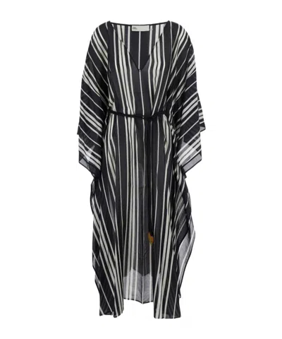 Tory Burch Silk Kaftan Dress Striped Waist Tie Neckline In Black