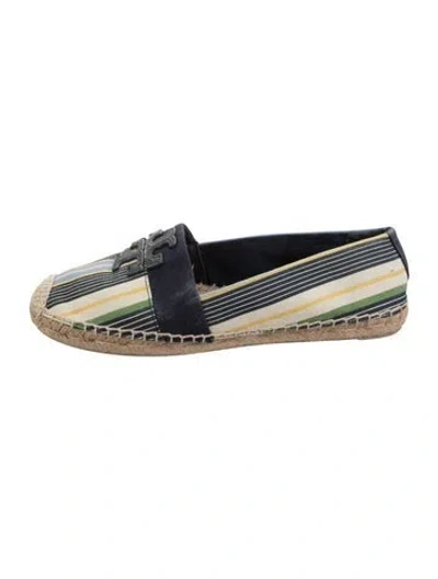 Pre-owned Tory Burch Striped Leather Trim Embellishment Espadrilles In Blue