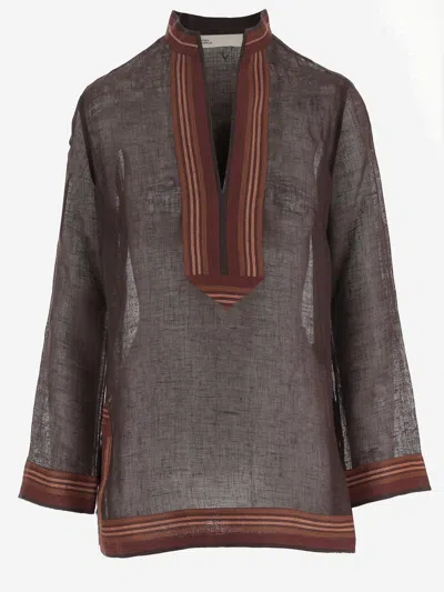 Tory Burch Striped Linen Tunic In Brown