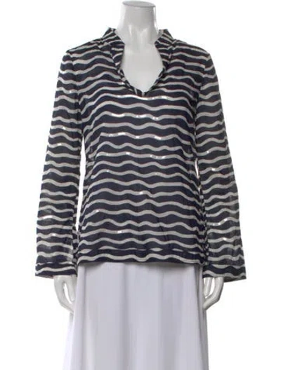 Pre-owned Tory Burch Striped Long Sleeve Blouse In White