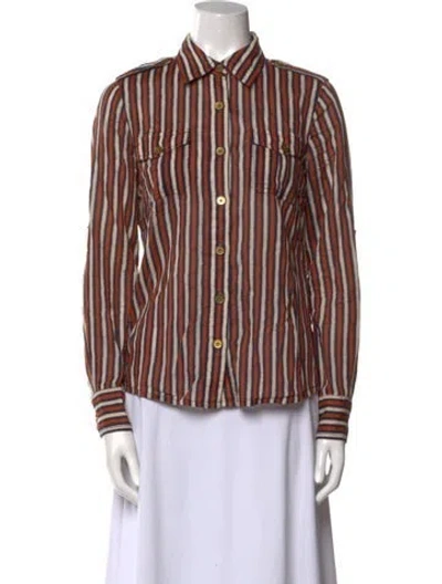 Pre-owned Tory Burch Striped Long Sleeve Button-up Top In Neutral