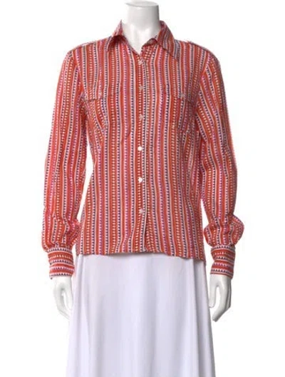 Pre-owned Tory Burch Striped Long Sleeve Button-up Top In Orange