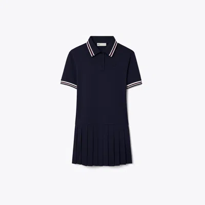 Tory Burch Striped Rib Knit Polo Dress In Black