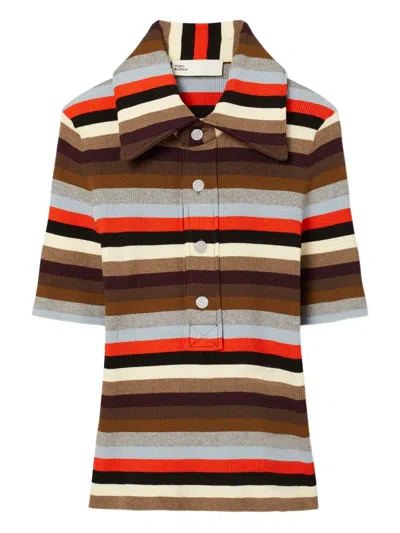 TORY BURCH STRIPED RIBBED POLO SHIRT