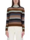 Tory Burch Multicolor Sweater With Striped Design And Back Logo Patch In Wool Woman In Multi