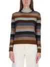 Tory Burch Multicolor Sweater With Striped Design And Back Logo Patch In Wool Woman In Multi