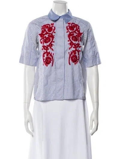 Pre-owned Tory Burch Striped Short Sleeve Blouse In Blue