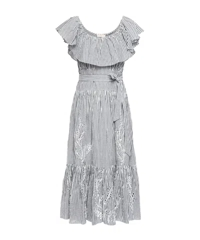 Tory Burch Striped Short-sleeve Dress In Gray