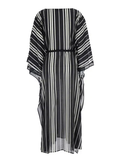 Tory Burch Striped Silk Caftan With V-neck And Waist Belt In White/black