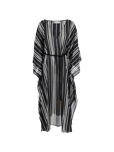 Tory Burch Striped Silk Kaftan In Black