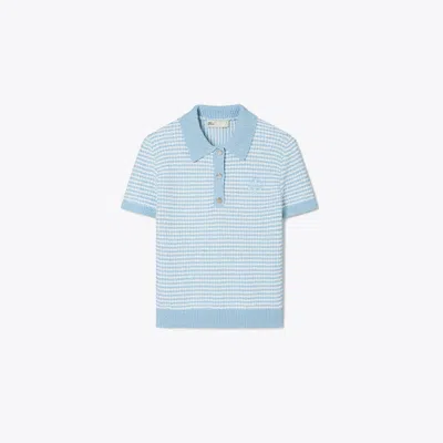 Tory Burch Striped Stitch Cotton Polo In White/glass Blue