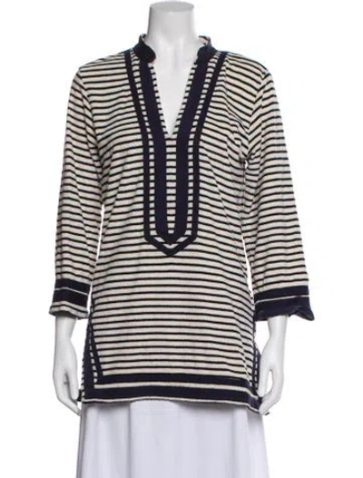 Pre-owned Tory Burch Striped Three-quarter Sleeve Tunic In Blue