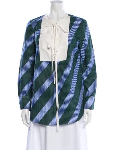 Pre-owned Tory Burch Striped Tie Neck Blouse In Blue