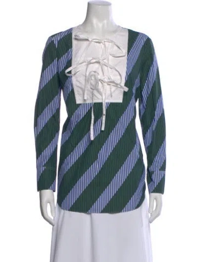 Pre-owned Tory Burch Striped Tie Neck Blouse In Gray