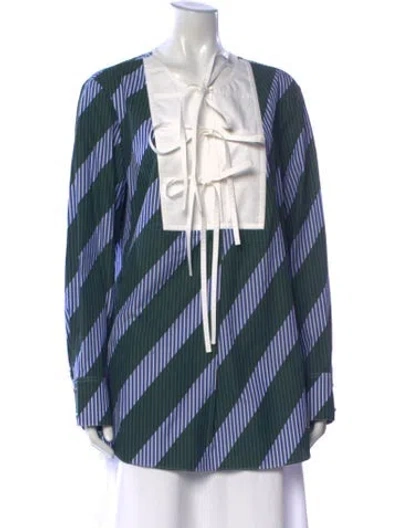 Pre-owned Tory Burch Striped Tie Neck Top W/ Tags In Blue/green