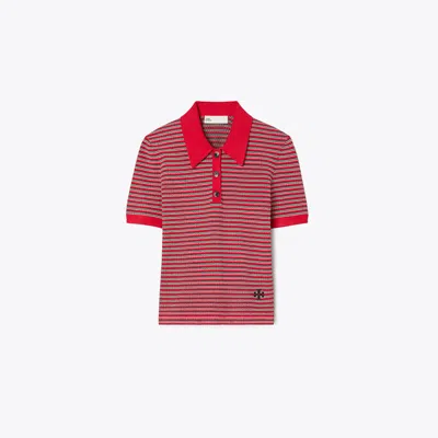 Tory Burch Striped Viscose Polo In Red
