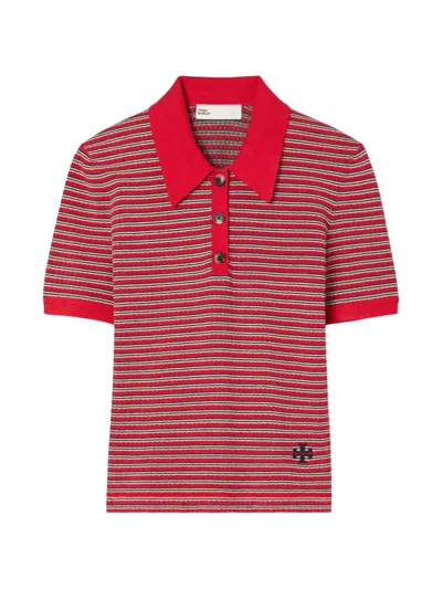 Tory Burch Striped Viscose Polo In Red
