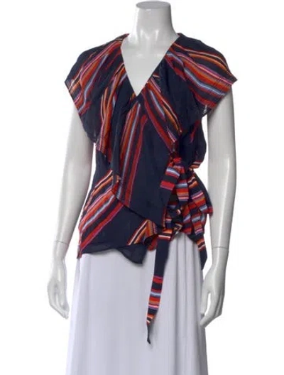 Pre-owned Tory Burch Striped V-neck Blouse In Blue