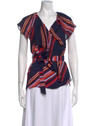 Pre-owned Tory Burch Striped V-neck Blouse In Blue
