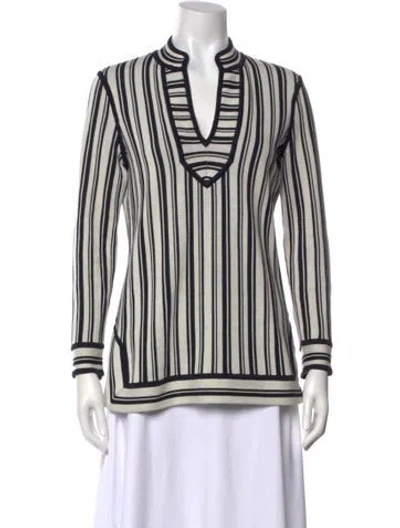 Pre-owned Tory Burch Striped V-neck Blouse In Neutral