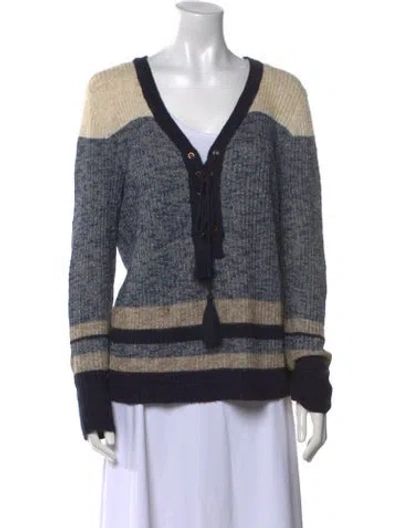 Pre-owned Tory Burch Striped V-neck Sweater In Blue