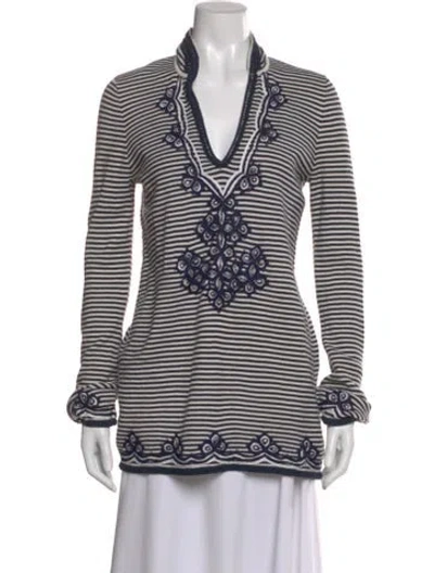 Pre-owned Tory Burch Striped V-neck Sweater In Blue