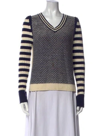 Pre-owned Tory Burch Striped V-neck Sweater In Blue