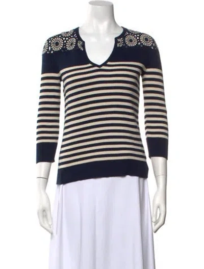 Pre-owned Tory Burch Striped V-neck Sweater In Blue