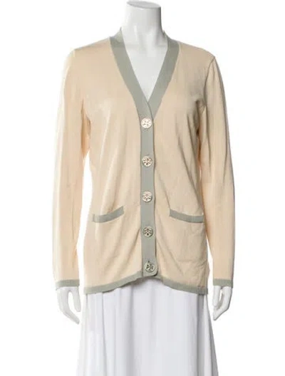 Pre-owned Tory Burch Striped V-neck Sweater In Neutral